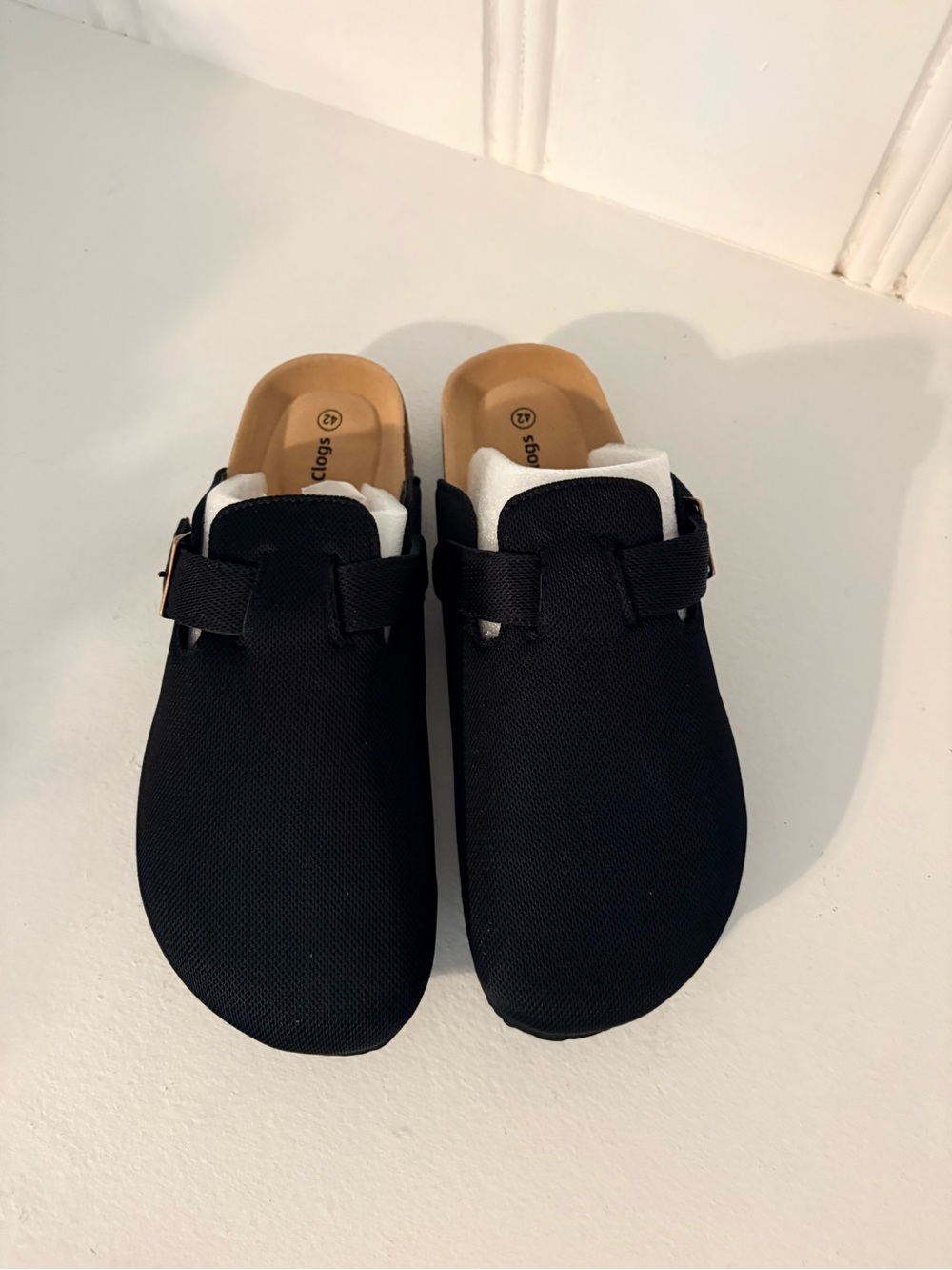 Womens Black Slip-On Clogs with Buckle